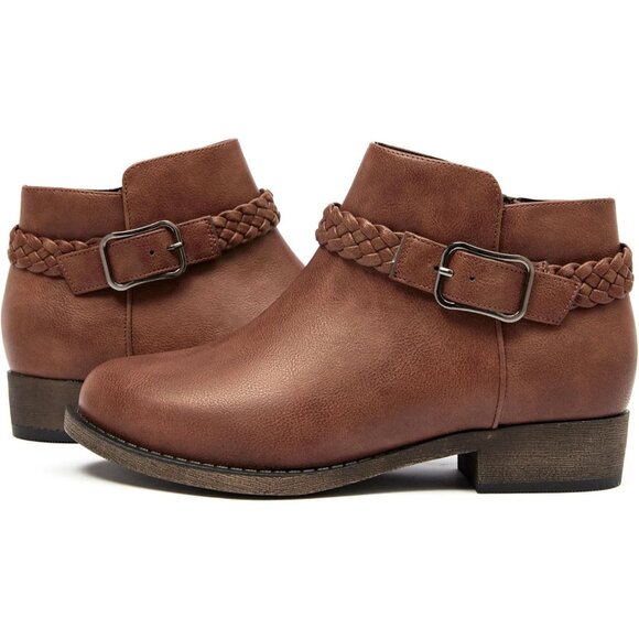 Veittes Women's Brown Comfort Slip On Low Chunky Heel Boot with Buckle Strap - Picture 2 of 6